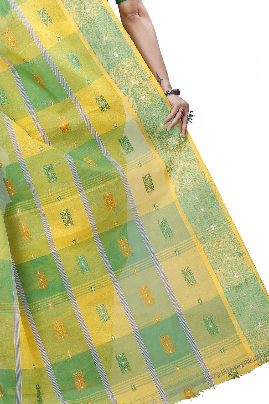 Yellow Green Pure Cotton RajSahi Tant Saree (953)